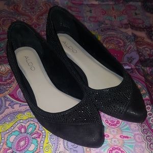 Aldo Black Pointed Toe Flats w/ Gem accents